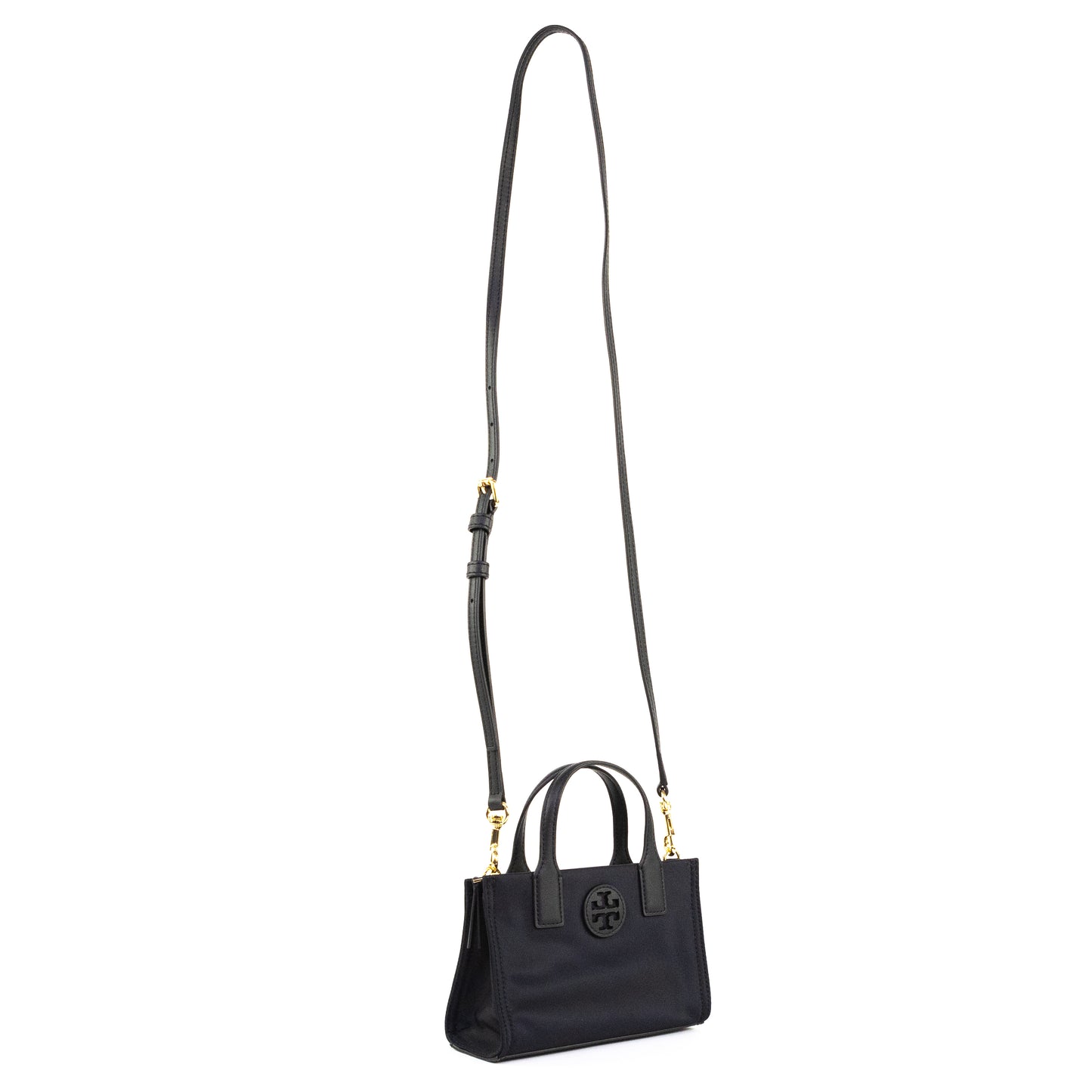 Side profile of the Tory Burch Ella Mini Nylon Crossbody Bag in Black, showing its structured shape and adjustable strap