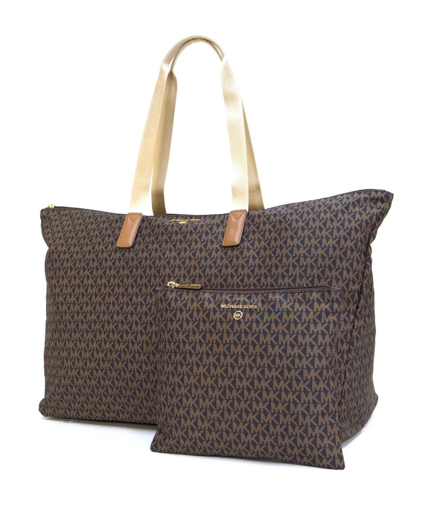 Michael Kors Jet Set Travel Large Signature Logo Print Woven Tote Bag - Brown/Acorn