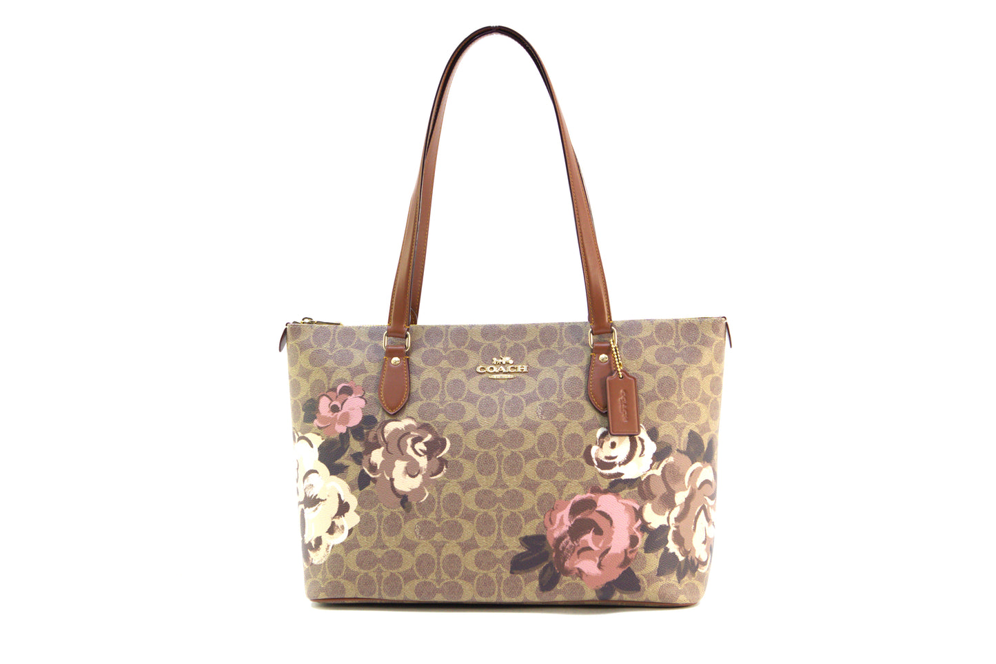 Coach Gallery Tote Bag In Signature Canvas With Rose Print - Tan Brown