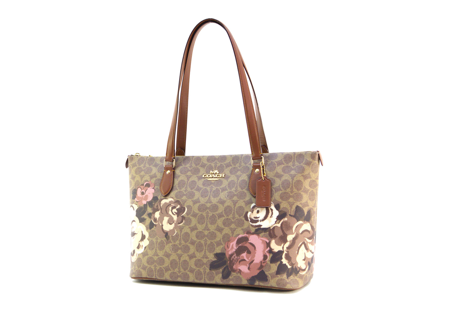 Coach Gallery Tote Bag In Signature Canvas With Rose Print - Tan Brown