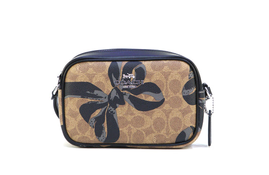 Coach Mini Jamie Camera Bag In Signature Canvas With Bow Print - Silver/Tan/Black Multi