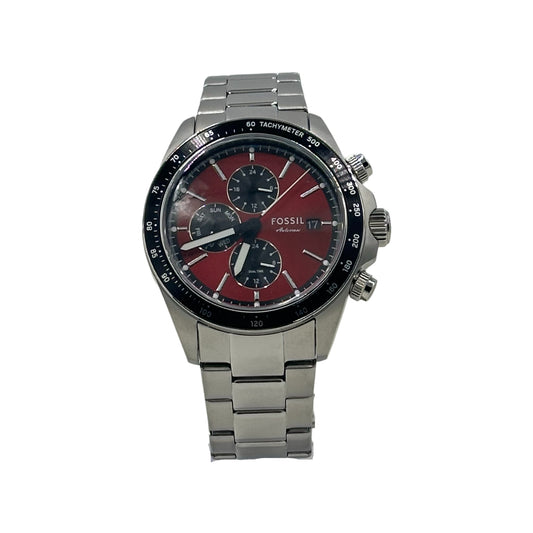 Fossil Autocross Mens Dual Time Multifunction Watch Red Dial Stainless Steel - BQ2895