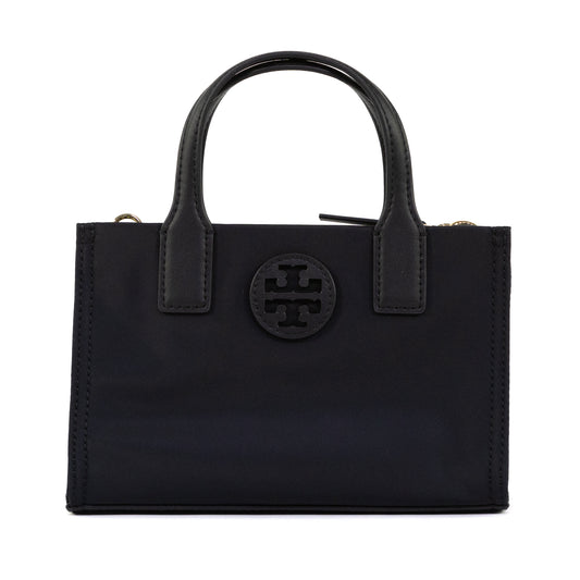 Front view of the Tory Burch Ella Mini Nylon Crossbody Bag in Black, featuring a sleek nylon finish and iconic Tory Burch logo