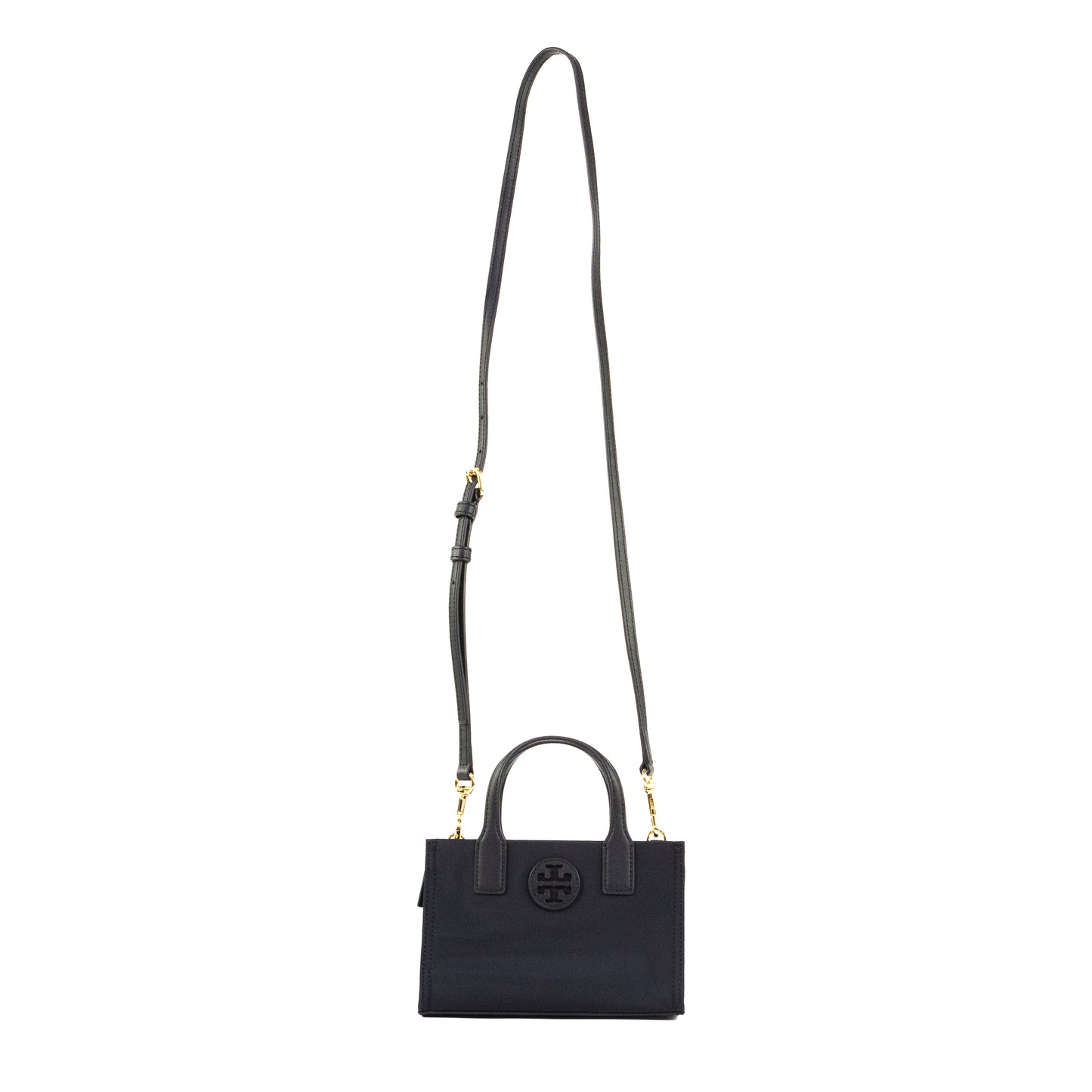 Side profile of the Tory Burch Ella Mini Nylon Crossbody Bag in Black, showing its structured shape and adjustable strap